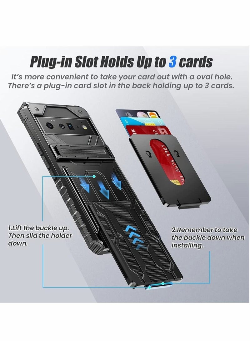 Captaintech Case for Google Pixel 6 Pro 6.7 inch Kickstand Shockproof Cover with Card Holder Soft TPU Protective Defender Bumper Stand Armor Military Grade Protection 6Pro Black - Image 2