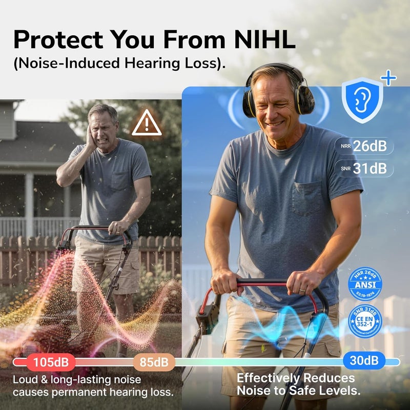 Dr.Meter Hearing Protection Ear Muffs, 31dB Noise Reduction Safety Earmuffs with Adjustable Headband for Adults Kids Autism Sensory, Ear Muff for Yard Work, Mowing or Hunting Black 2PACK - Image 2