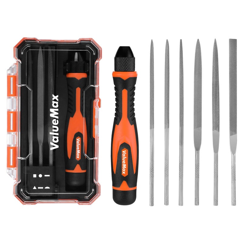 ValueMax 7PCS Interchangeable Needle File Set, Small File Set Includes Flat, Flat Warding, Round, Half-Round, Square, Triangular File and A Handle, Suitable for Shaping Metal, Wood, Jewelry, Plastic - Image 1