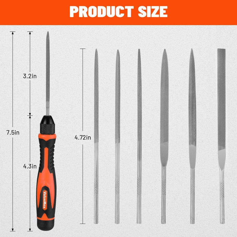 ValueMax 7PCS Interchangeable Needle File Set, Small File Set Includes Flat, Flat Warding, Round, Half-Round, Square, Triangular File and A Handle, Suitable for Shaping Metal, Wood, Jewelry, Plastic - Image 3