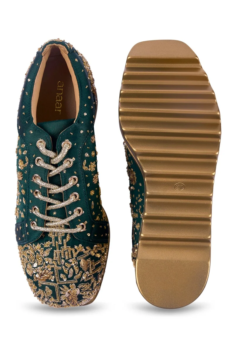 Anaar Anaar Pathaka Wedge Sneakers – Emerald Green Satin Hand-Embroidered Wedges with Zari, Cutdana & Gold Sequins