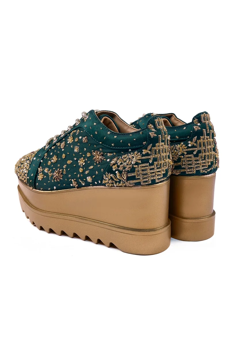 Anaar Anaar Pathaka Wedge Sneakers – Emerald Green Satin Hand-Embroidered Wedges with Zari, Cutdana & Gold Sequins
