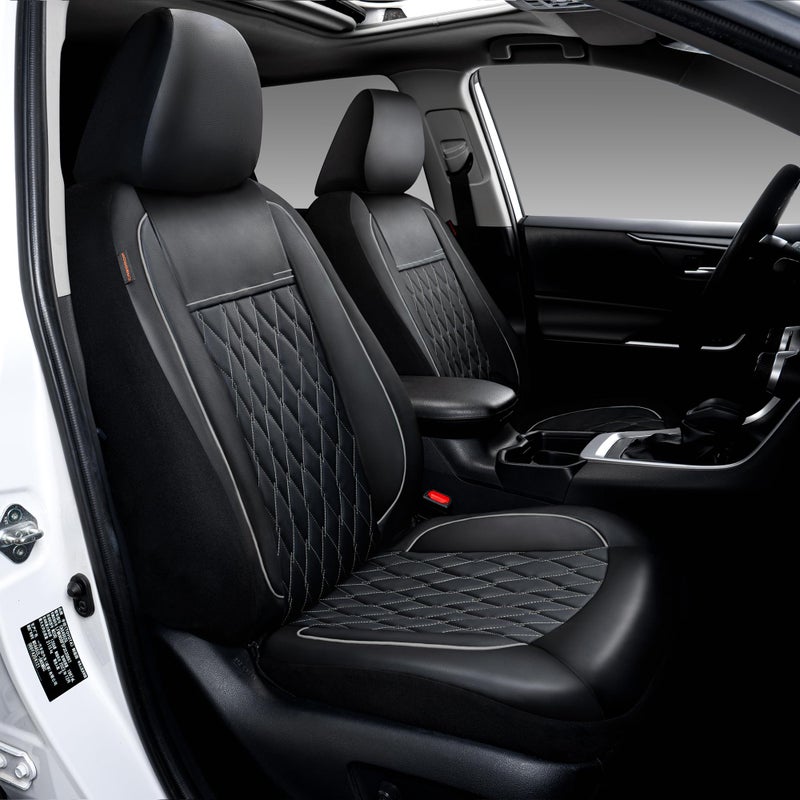 CAROMOP Faux Leather Car Seat Covers Full Set,Luxury and Comfortable Covers for Cars,Split Bench Compatible Car Interior Covers,Universal Fit for Suvs,Vans,Trucks,Airbag Compatible(5-Seat Black/Grey) - Image 2