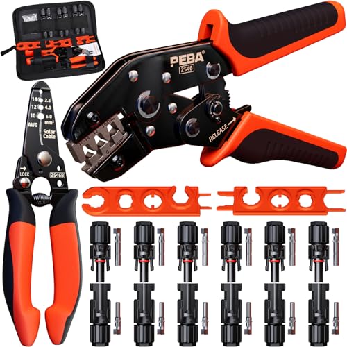 PEBA Crimping Tool Kit, Solar Crimper for AWG 16-10 Solar Panel Cable Wire, with 6 Pairs Solar connectors, Solar Wire Stripper and 1 Pair Solar Connector Spanner Wrench - Ratchet Crimp Tool Set - Image 1