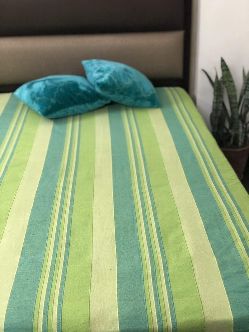 RANGBHAR Handloom Cotton Double Bedsheet Without Pillow Covers, Woven Striped Bedcover, 90 x 100 inch, Green,210 Threadcount - Image 5