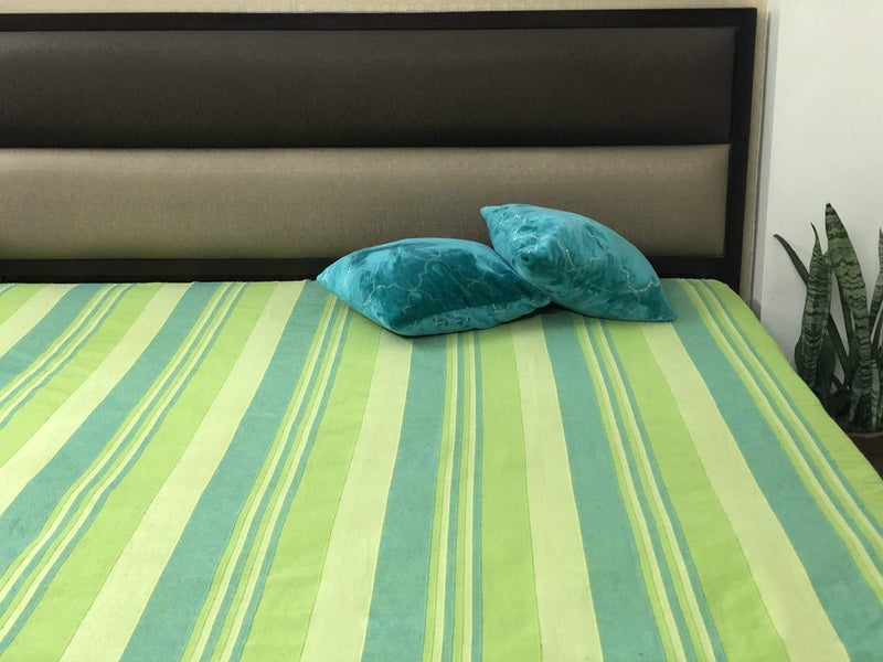 RANGBHAR Handloom Cotton Double Bedsheet Without Pillow Covers, Woven Striped Bedcover, 90 x 100 inch, Green,210 Threadcount - Image 3