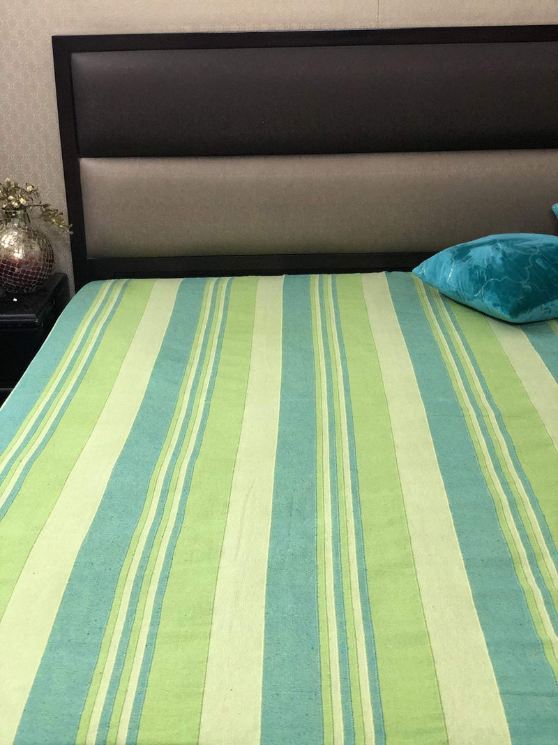RANGBHAR Handloom Cotton Double Bedsheet Without Pillow Covers, Woven Striped Bedcover, 90 x 100 inch, Green,210 Threadcount - Image 4