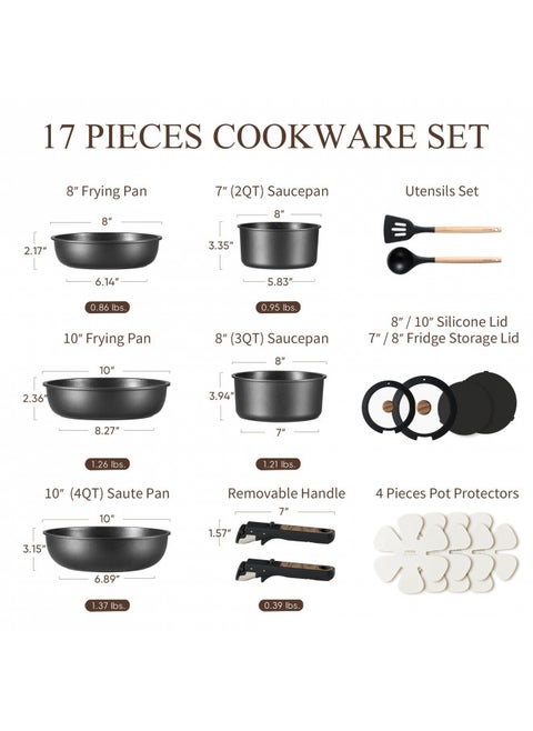 CAROTE 17pcs Pots and Pans Set, Nonstick Cookware Set Detachable Handle, Induction Kitchen Cookware Sets Non Stick with Removable Handle, RV Cookware Set, Oven Safe, Jet Black