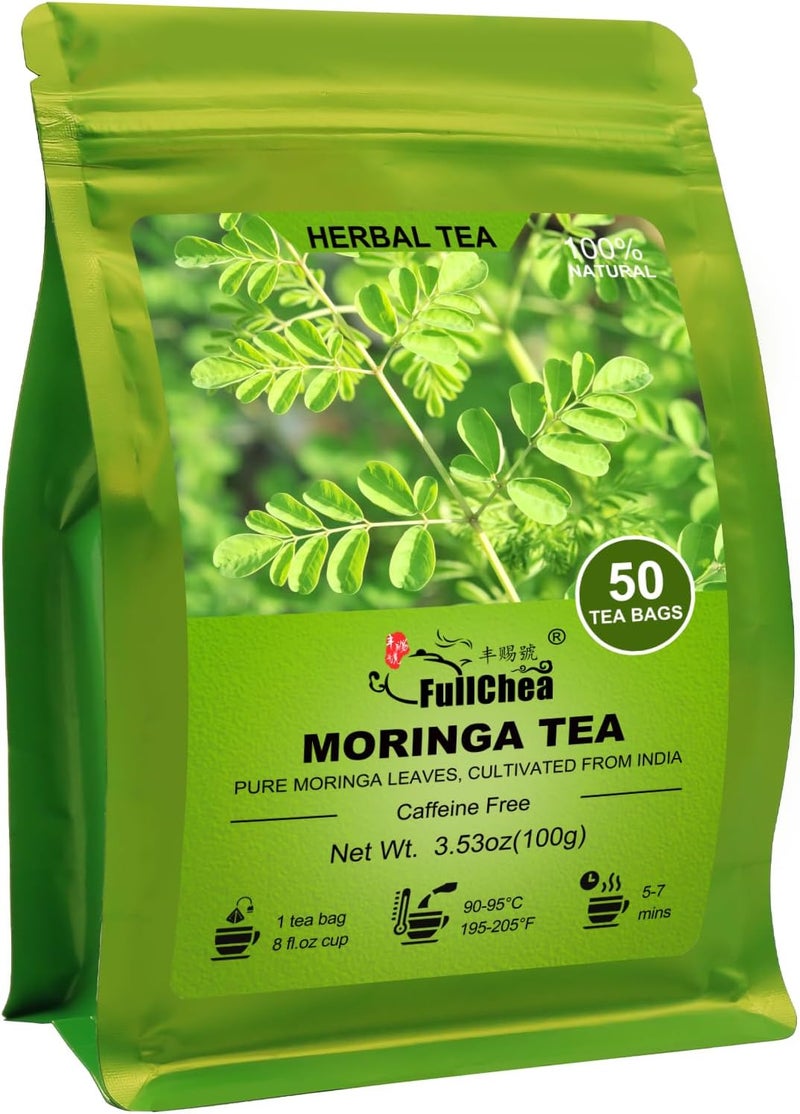 FullChea شاي مورنغا من فول تشيا - 50 كيس شاي من أوراق المورنغا النقية والطبيعية من الهند - شاي عشبي لدعم الهضم والمناعة - خالي من الكافيين - Image 1