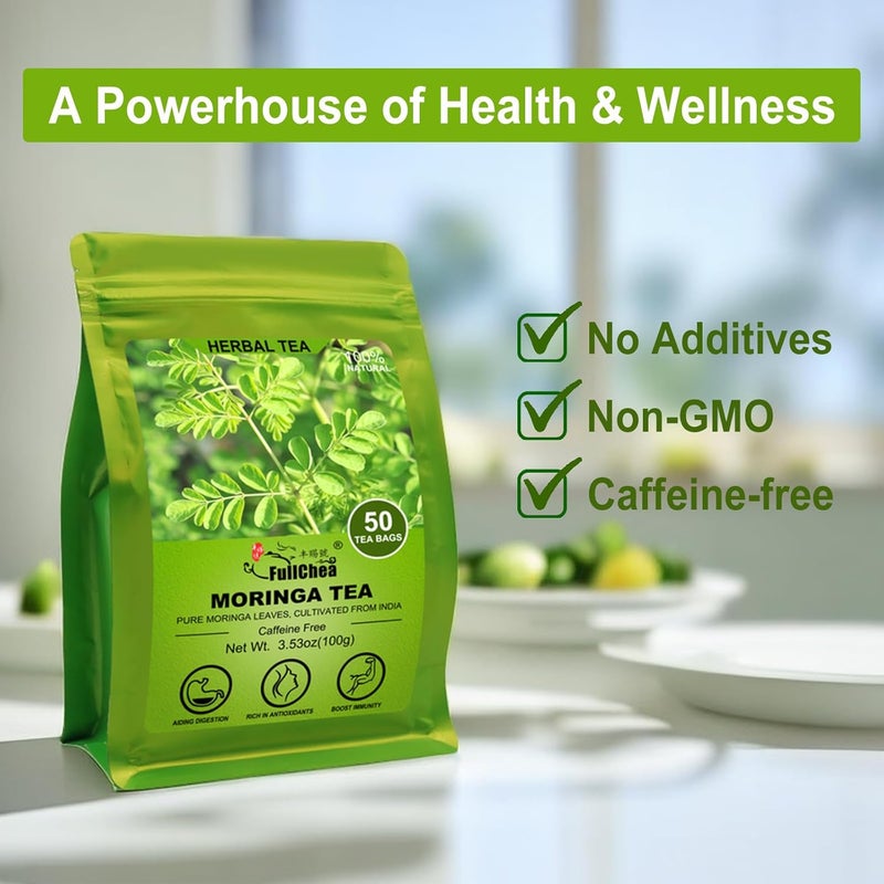 FullChea شاي مورنغا من فول تشيا - 50 كيس شاي من أوراق المورنغا النقية والطبيعية من الهند - شاي عشبي لدعم الهضم والمناعة - خالي من الكافيين - Image 4