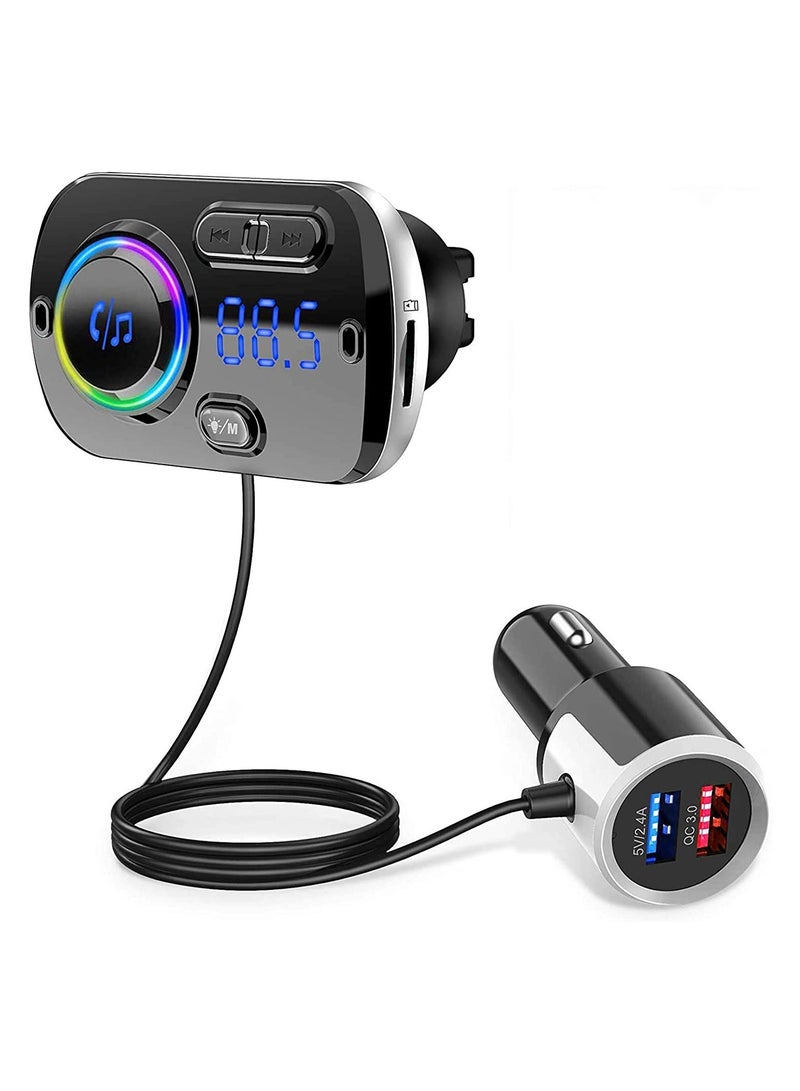 جهاز إرسال FM بتقنية البلوتوث للسيارة ، محول راديو السيارة اللاسلكي بتقنية البلوتوث 5.0 مع منفذ شحن مزدوج QC3.0 و 5 فولت / 2.4 أمبير ، سهل التوصيل بفتحة التهوية ، طقم سيارة أفضل بدون استخدام اليدين ، - Image 1