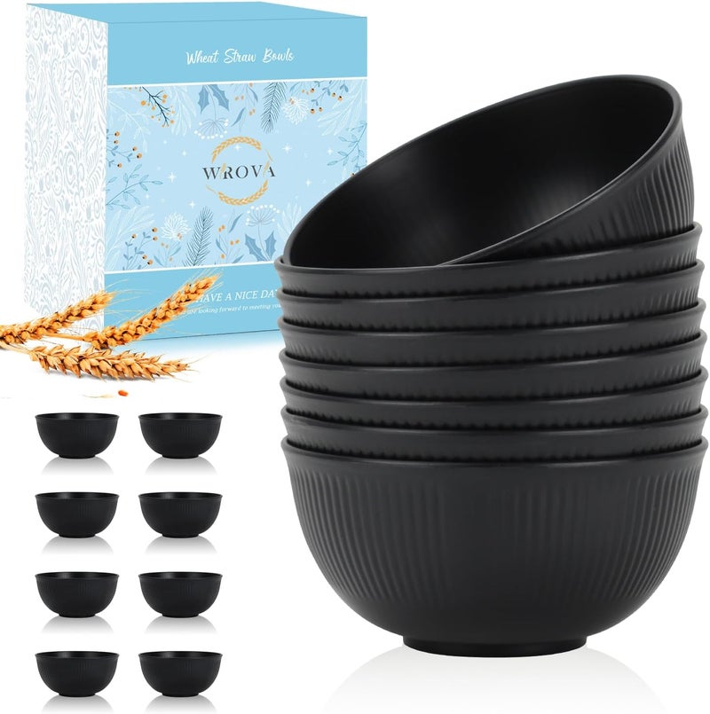 Wrova Wheat Straw Bowl Sets of 8Unbreakable Cereal Bowl 26 OZMicrowave and Dishwasher Safe BowlsSalad Bowl suitable for CerealSaladSnack and Soup WinterPure Black - Image 1