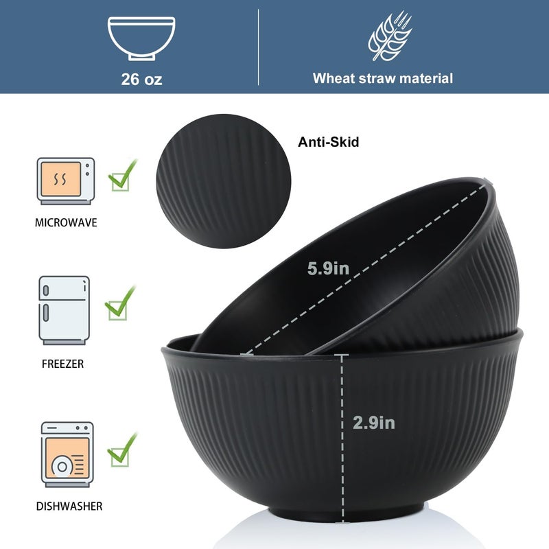 Wrova Wheat Straw Bowl Sets of 8Unbreakable Cereal Bowl 26 OZMicrowave and Dishwasher Safe BowlsSalad Bowl suitable for CerealSaladSnack and Soup WinterPure Black - Image 2