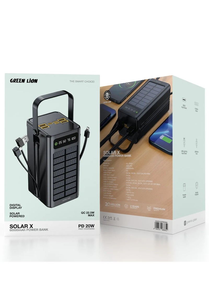 GREEN LION Solar X 60000mAh Power Bank PD 20W / Portable Fast Charger PowerBank 60000 mAh /Flashlight / Built in Solar Panel- Black - Image 5