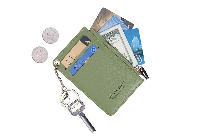 Prometheism Small Wallets for Women Slim Leather Card Case Holder Wallet Coin Change Purse with Keychain (Green) - Image 1