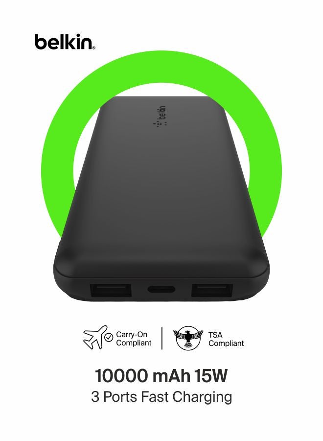 بيلكين شاحن محمول Belkin BoostCharge USB-C بقوة 10000 مللي أمبير في الساعة مع منفذ USB-C ومنفذين USB-A وكابل USB-A إلى USB-C، متوافق مع iPhone 15 و15 Plus و15 Pro و15 Pro Max وSamsung Galaxy S24، أسود. أسود - Image 1