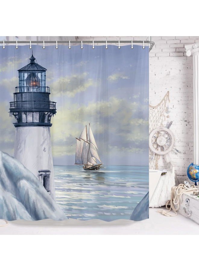 Jipusai Coastal Lighthouse Shower Curtain, Sunrise Blue Ocean Shower Curtain Sets for Bathroom,Waterproof Sailboat Nautical Shower Curtain Bathtub Decor Accessories with Hooks 70X72 in - Image 3