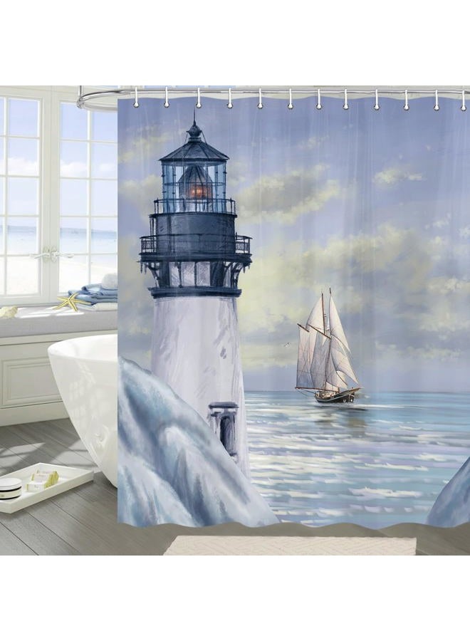 Jipusai Coastal Lighthouse Shower Curtain, Sunrise Blue Ocean Shower Curtain Sets for Bathroom,Waterproof Sailboat Nautical Shower Curtain Bathtub Decor Accessories with Hooks 70X72 in - Image 4