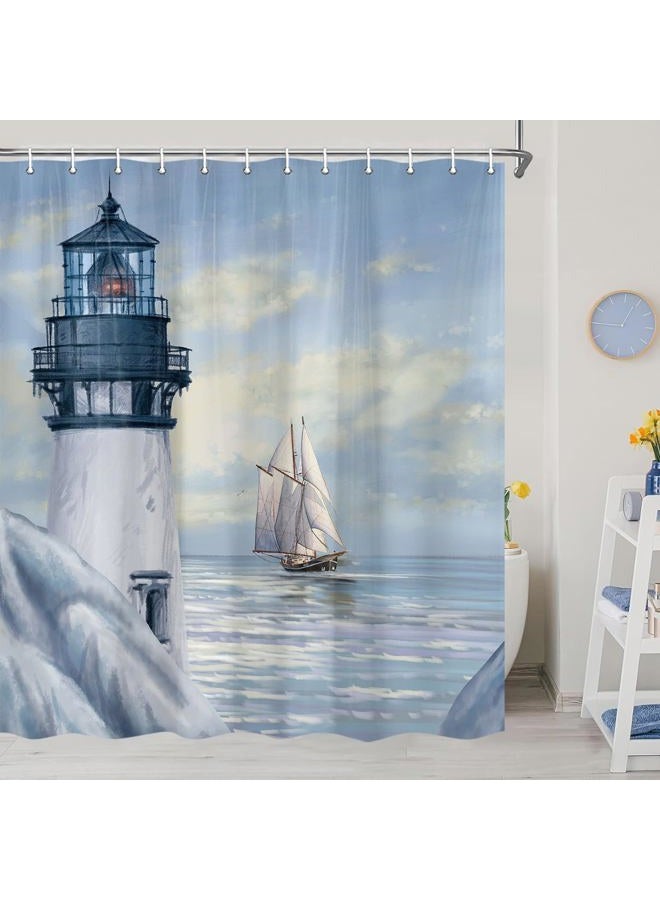 Jipusai Coastal Lighthouse Shower Curtain, Sunrise Blue Ocean Shower Curtain Sets for Bathroom,Waterproof Sailboat Nautical Shower Curtain Bathtub Decor Accessories with Hooks 70X72 in - Image 2