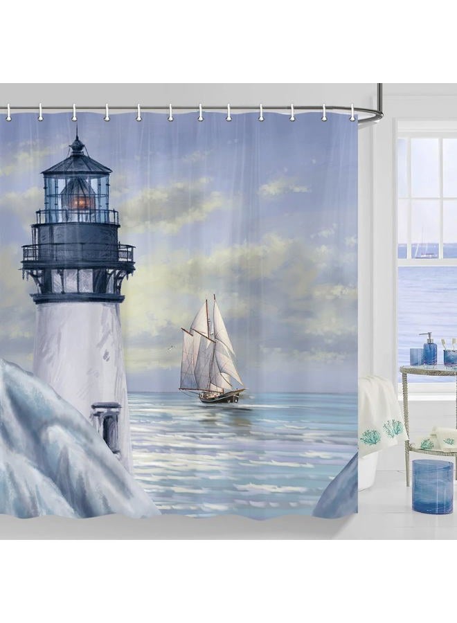 Jipusai Coastal Lighthouse Shower Curtain, Sunrise Blue Ocean Shower Curtain Sets for Bathroom,Waterproof Sailboat Nautical Shower Curtain Bathtub Decor Accessories with Hooks 70X72 in - Image 1