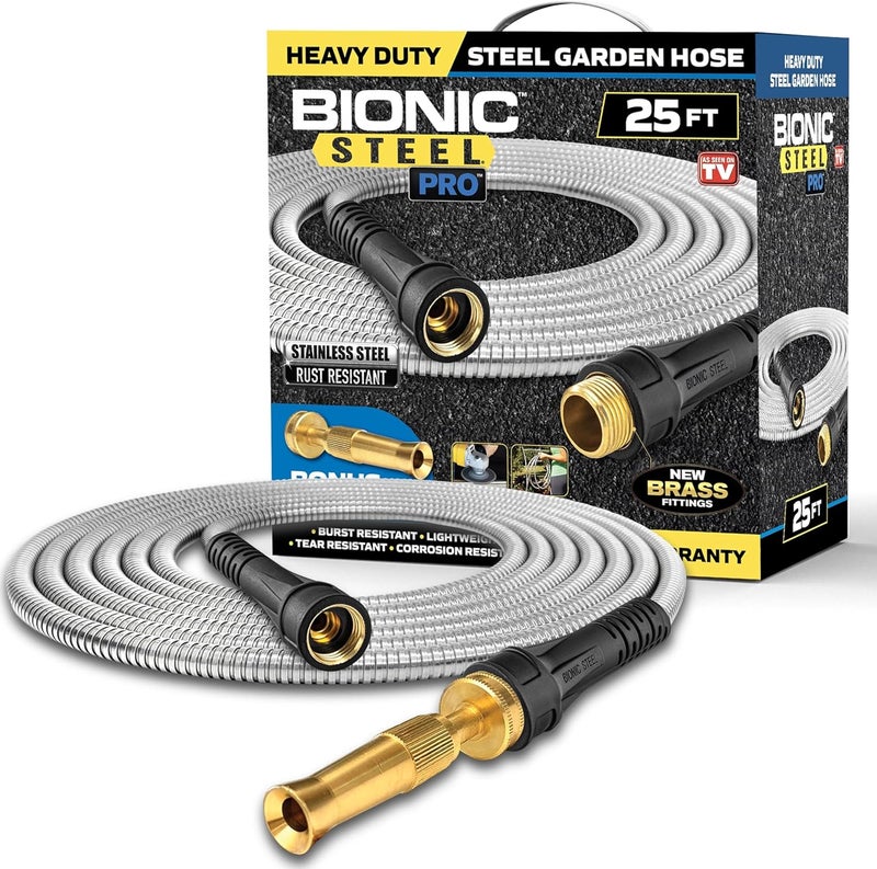 BIONIC STEEL Pro 25 FT Garden Hose with Nozzle, 304 Stainless Steel Metal Water Hose 25Ft, Flexible Hose, Kink Free, Lightweight and Durable, Crush Resistant Fitting, Easy to Coil, 500 PSI 2025 Model - Image 1