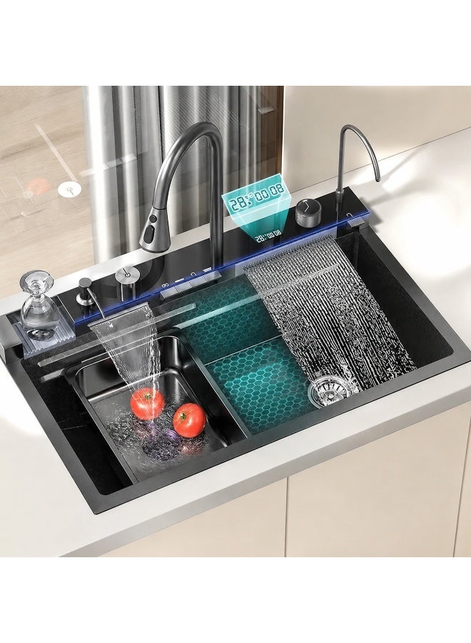 Smart Kitchen Sink with Digital Display, 304 Nano Stainless Steel Waterfall Sink, Pull-Out Faucet, 5 Pressurized Cup Washer.