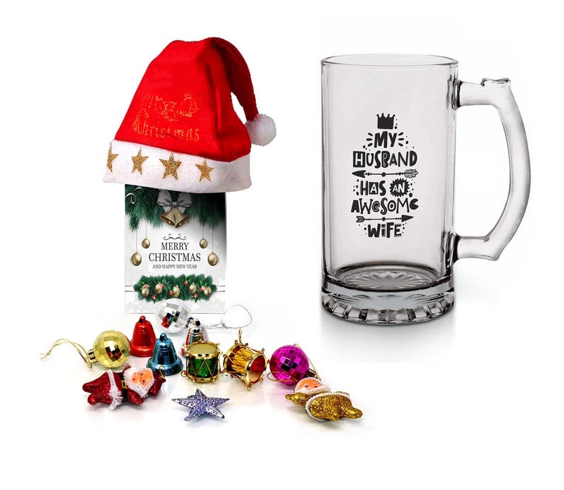 Kesri Gifts Kesri Gifts Christmas Gift Set Printed Beer Mug 12 Christmas Ornaments with Santa Cap Xmas Greeting Card for Xmas Gift ComboxmBrm21241 - Image 1