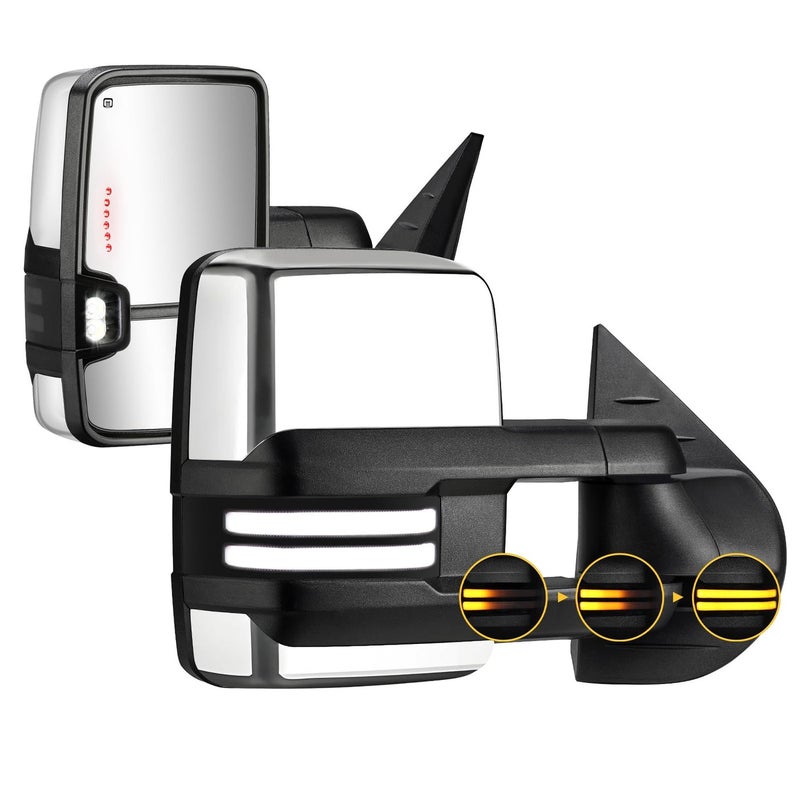 Switchback Towing Mirrors Chrome for 20072013 Chevy Silverado Suburban Tahoe Avalanche GMC Sierra Yukon with Power Glass Dynamic Turn Signal Light Backup Lamp Heated Extendable Pair Set