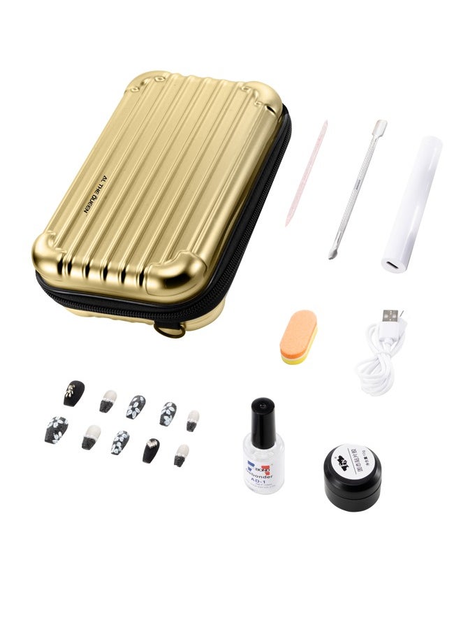 Generic Makeup Gift,Black Handmade Fake Nails Set,Luxury Golden Color Hard Shell Cosmetic Bag,Handheld UV LED Nail Lamp with USB Charging Cable  - Image 1