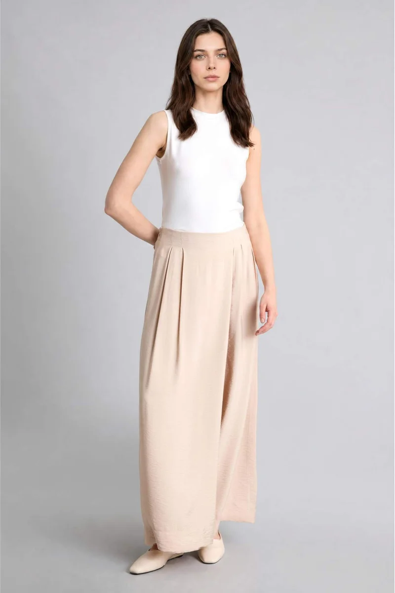 ديفاكتو Folded Wide Leg Pleated Beige Trousers