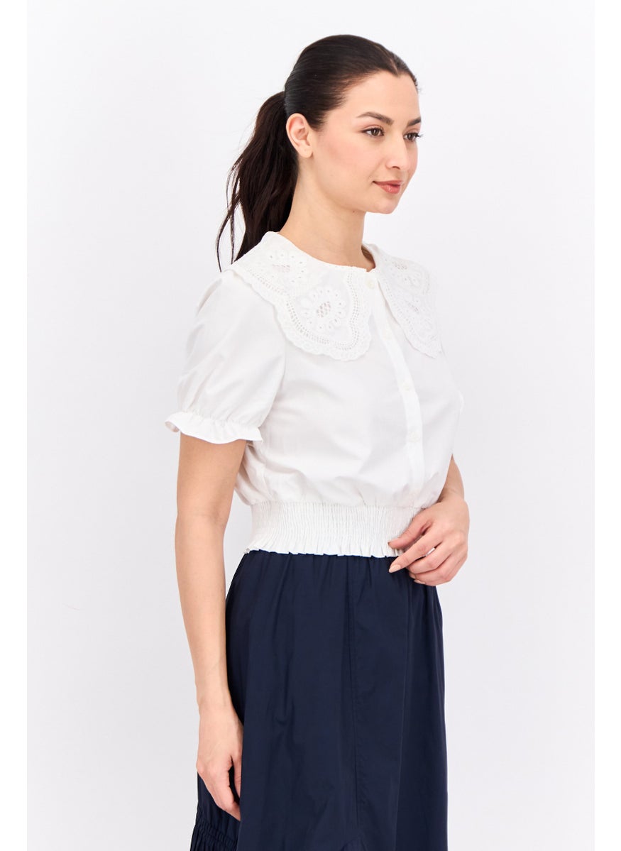 STEVE MADDEN - Women Peter Pan Collar Short Sleeves Embrodiered Blouse, White - Image 1