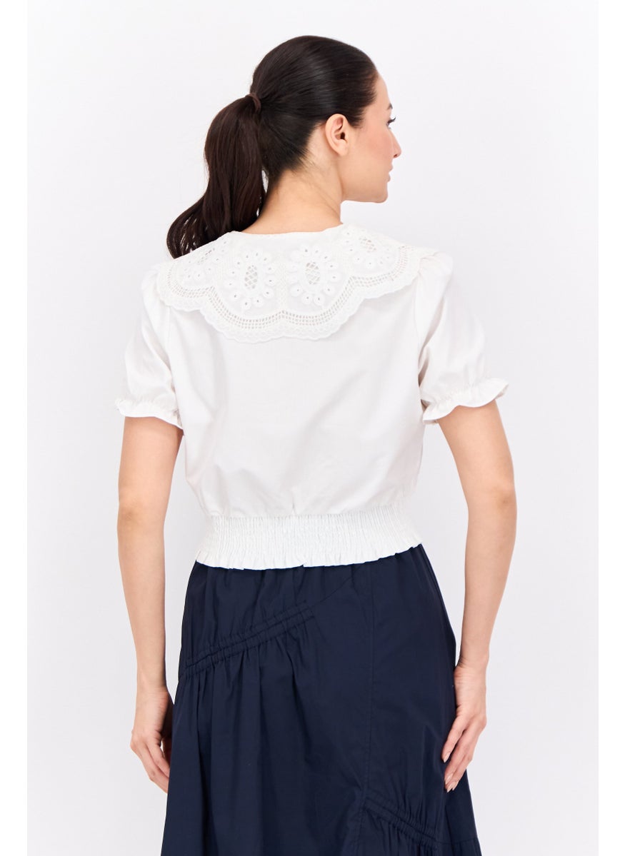 STEVE MADDEN - Women Peter Pan Collar Short Sleeves Embrodiered Blouse, White - Image 1