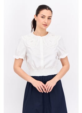 Women Peter Pan Collar Short Sleeves Embrodiered Blouse, White