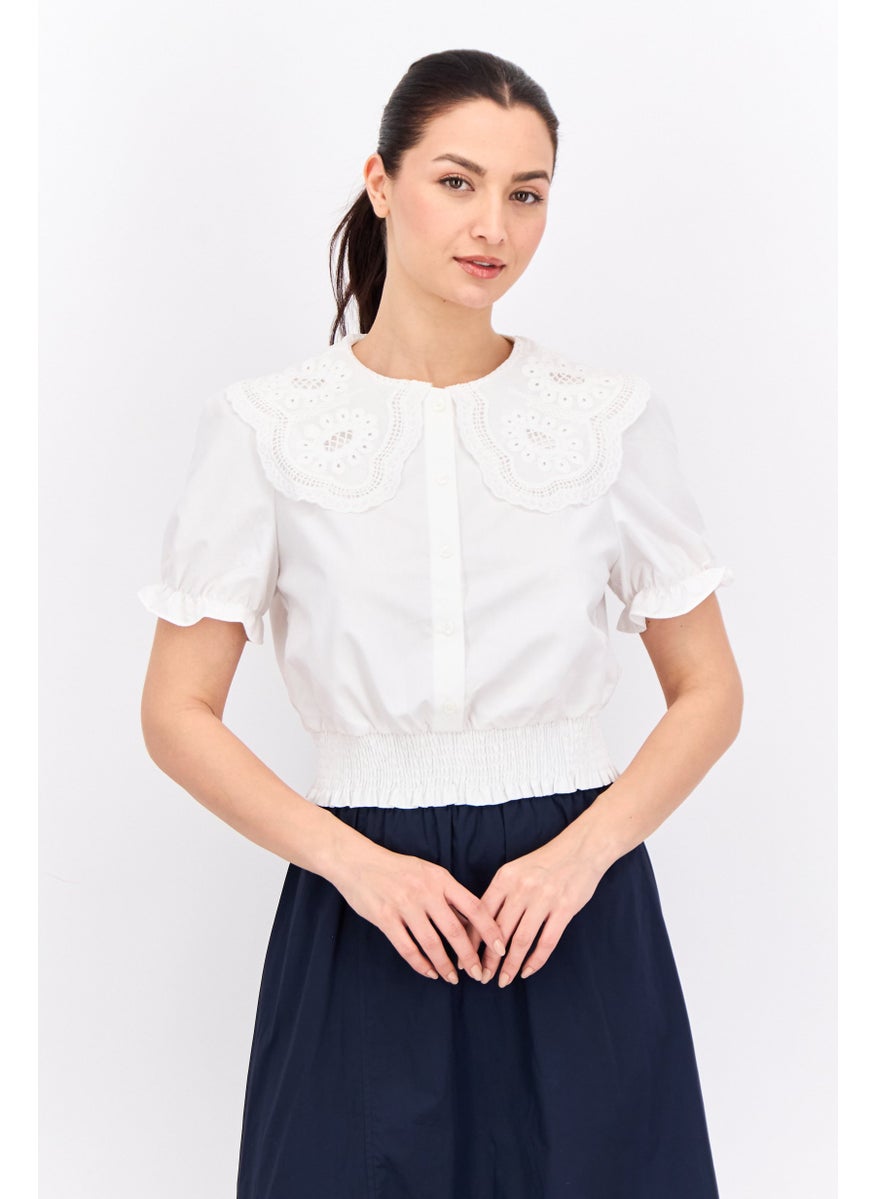 STEVE MADDEN - Women Peter Pan Collar Short Sleeves Embrodiered Blouse, White - Image 1