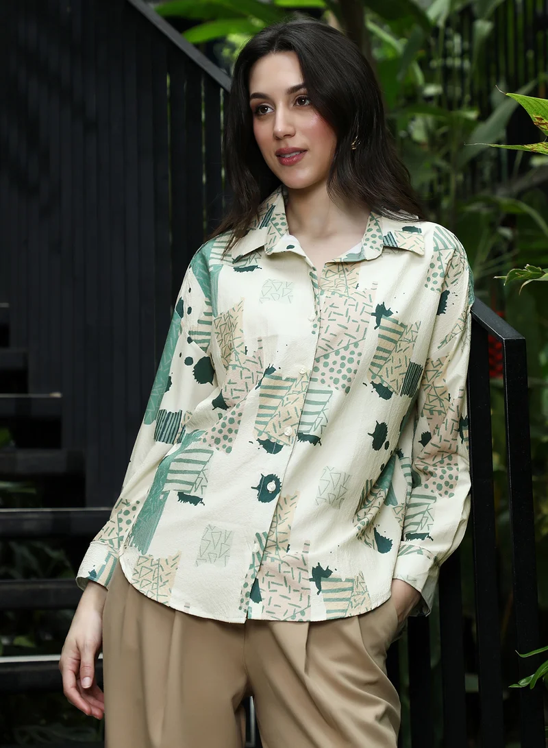 PINACOLADA Women's Abstract-Seersucker Oversized Shirt | Spread Collar , Long Button-Cuff Sleeves, Button Closure | Abstract Print Textured Woven Shirt For Casual & Daily Wear | Green & Beige