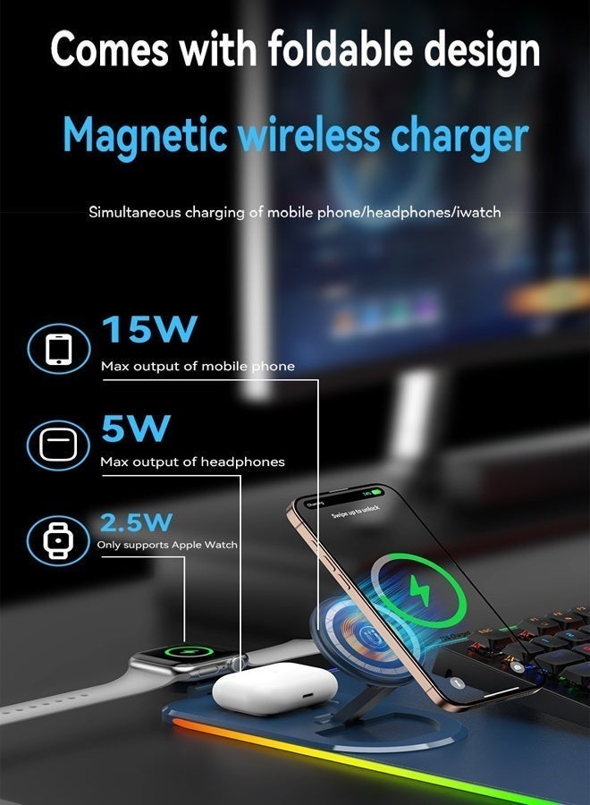 Golden Loop 3-in-1 Wireless Charging Station RGB Mouse Pad - Extra Large Leather Desk Mat with Magnetic Charger for iPhone, Apple Watch, AirPods - Waterproof, Gaming & Office (800x300mm) - Image 2