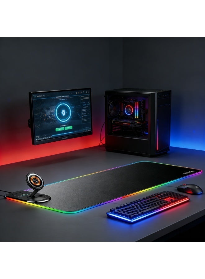 Golden Loop 3-in-1 Wireless Charging Station RGB Mouse Pad - Extra Large Leather Desk Mat with Magnetic Charger for iPhone, Apple Watch, AirPods - Waterproof, Gaming & Office (800x300mm) - Image 1