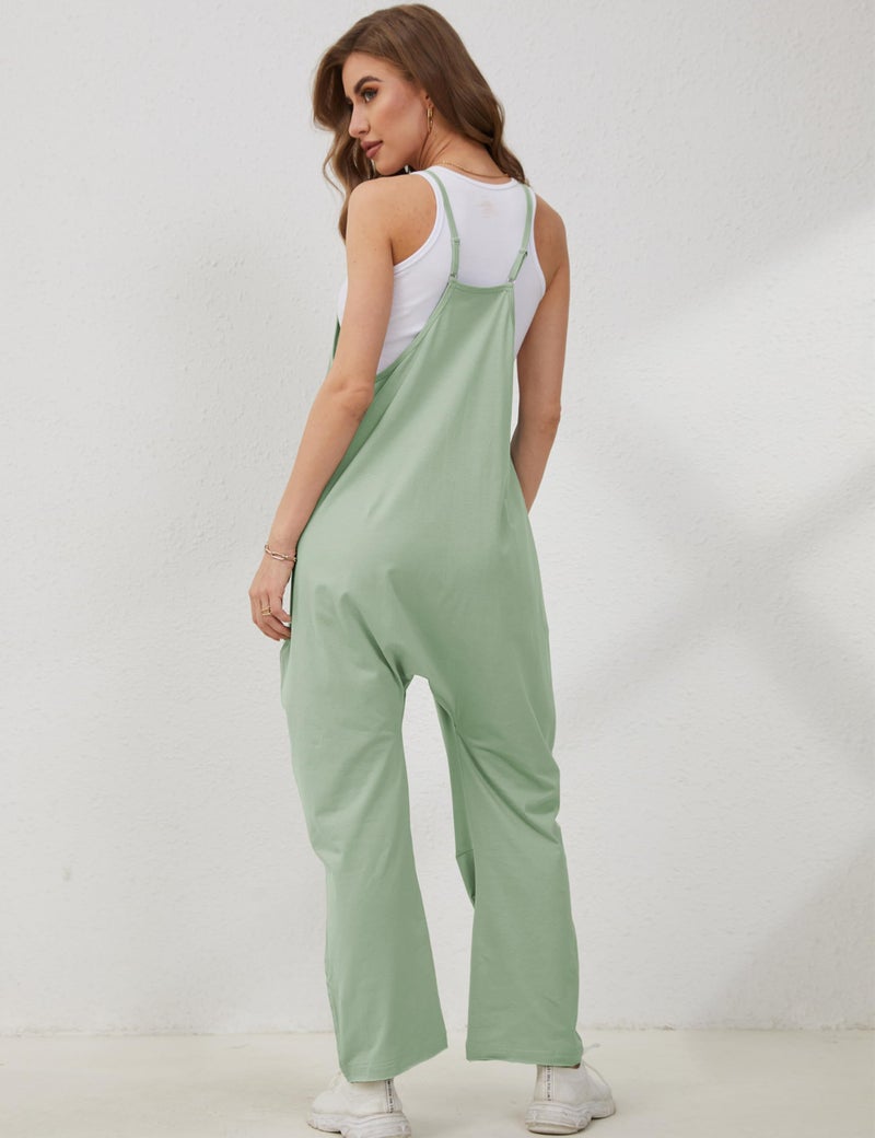 Lentta Women's Causal Jumpsuits V Neck Sleeveless Harem Overalls Stretchy Adjustable Strap Romper with Pockets(PeaGreen-M) - Image 4