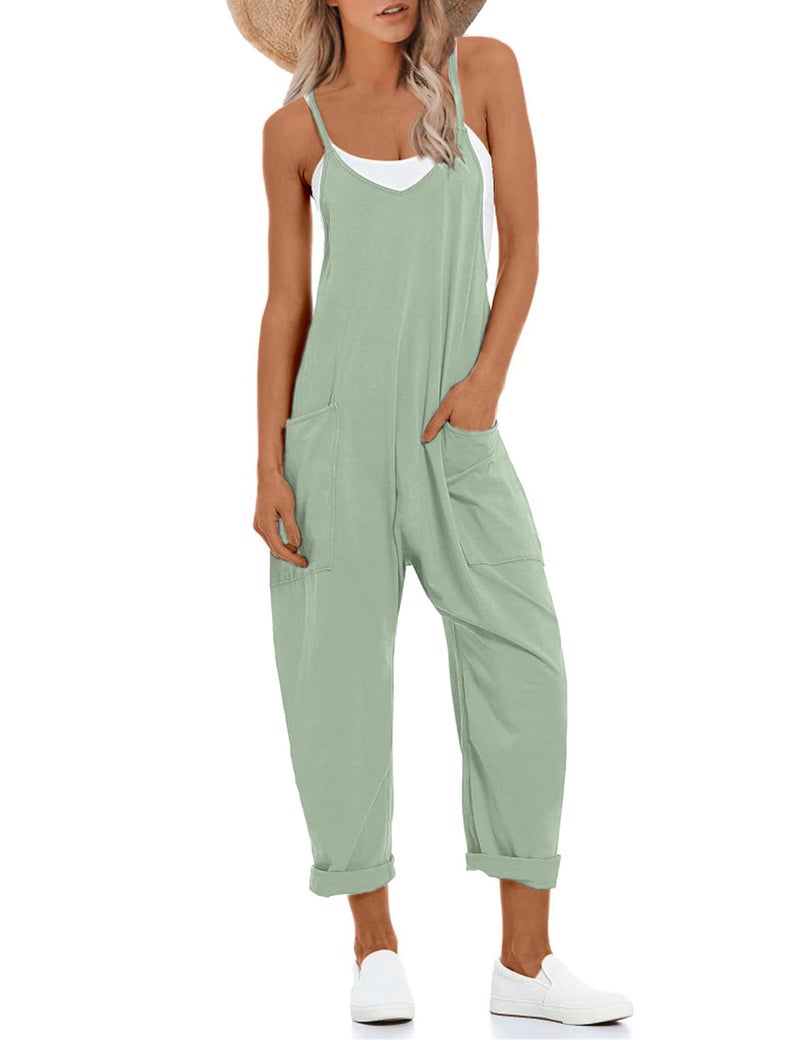 Lentta Women's Causal Jumpsuits V Neck Sleeveless Harem Overalls Stretchy Adjustable Strap Romper with Pockets(PeaGreen-M) - Image 1