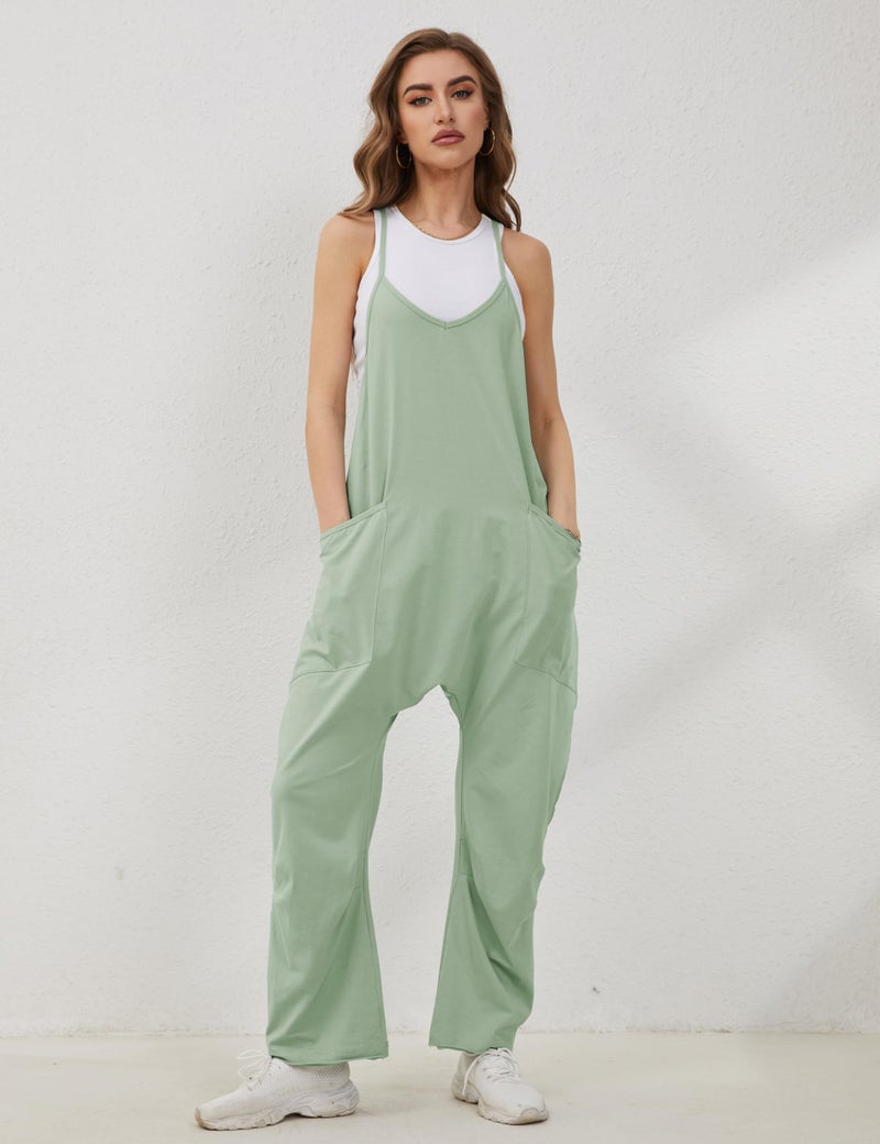Lentta Women's Causal Jumpsuits V Neck Sleeveless Harem Overalls Stretchy Adjustable Strap Romper with Pockets(PeaGreen-M) - Image 3