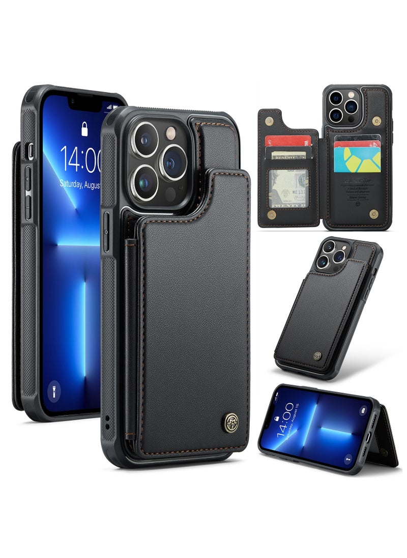 CaseMe Wallet Case for iPhone 15 Pro Max, Premium Handmade Durable PU Leather Slim Shockproof Case with [Double Magnetic Clasp] [Card Holder] [Kickstand] [RFID Blocking] (Black)  - Image 1