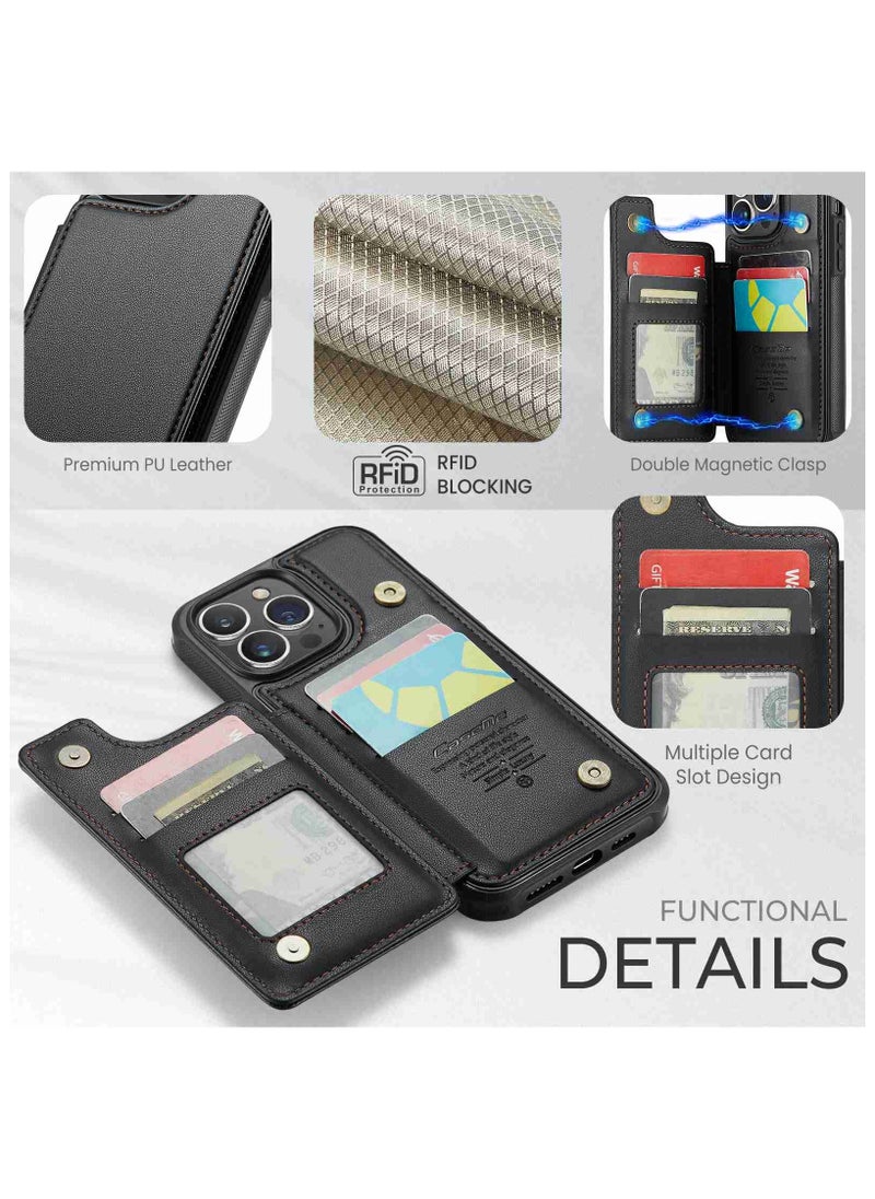 CaseMe Wallet Case for iPhone 15 Pro Max, Premium Handmade Durable PU Leather Slim Shockproof Case with [Double Magnetic Clasp] [Card Holder] [Kickstand] [RFID Blocking] (Black)  - Image 5