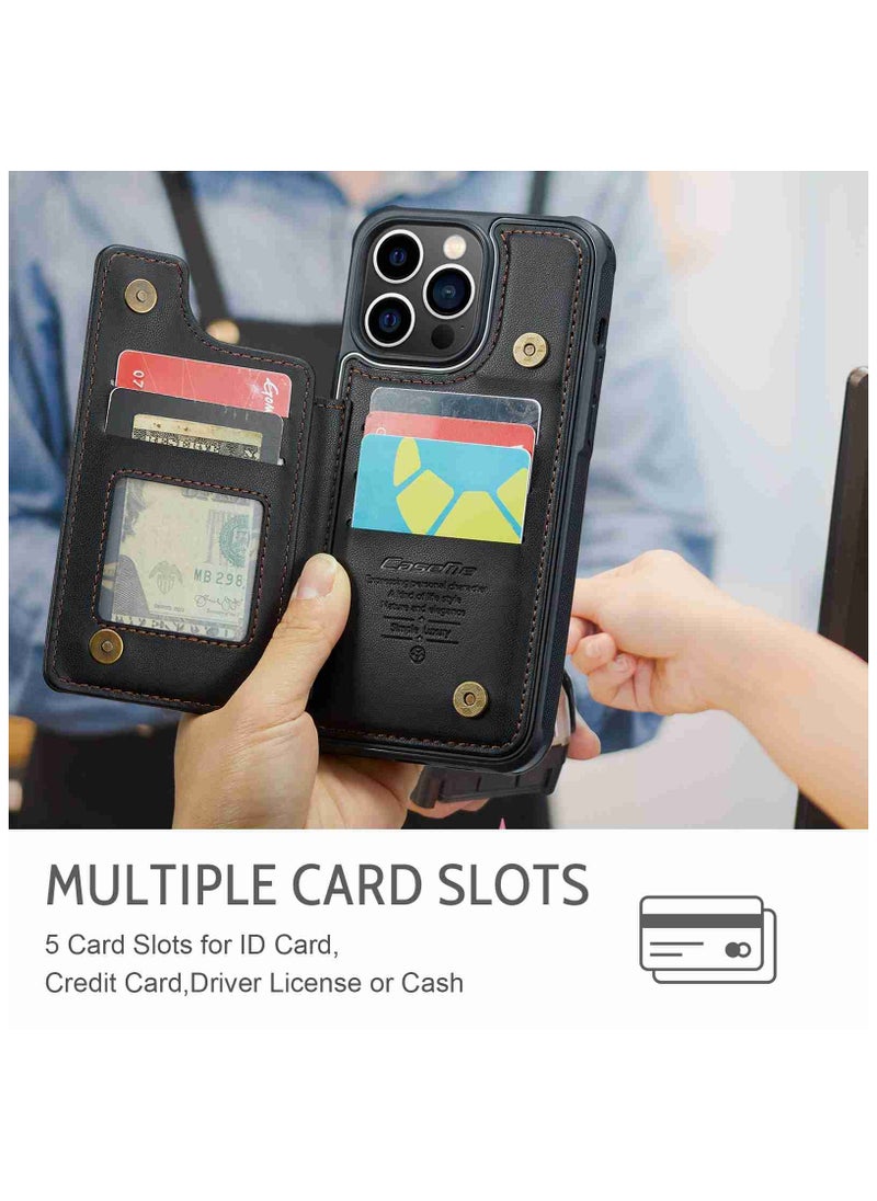 CaseMe Wallet Case for iPhone 15 Pro Max, Premium Handmade Durable PU Leather Slim Shockproof Case with [Double Magnetic Clasp] [Card Holder] [Kickstand] [RFID Blocking] (Black)  - Image 2