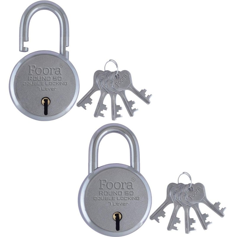 Foora Round 50mm Lock with 5 Keys Double Locking 7 Lever Small Padlock Ideal for Home Gate and Door Security Pack of 2