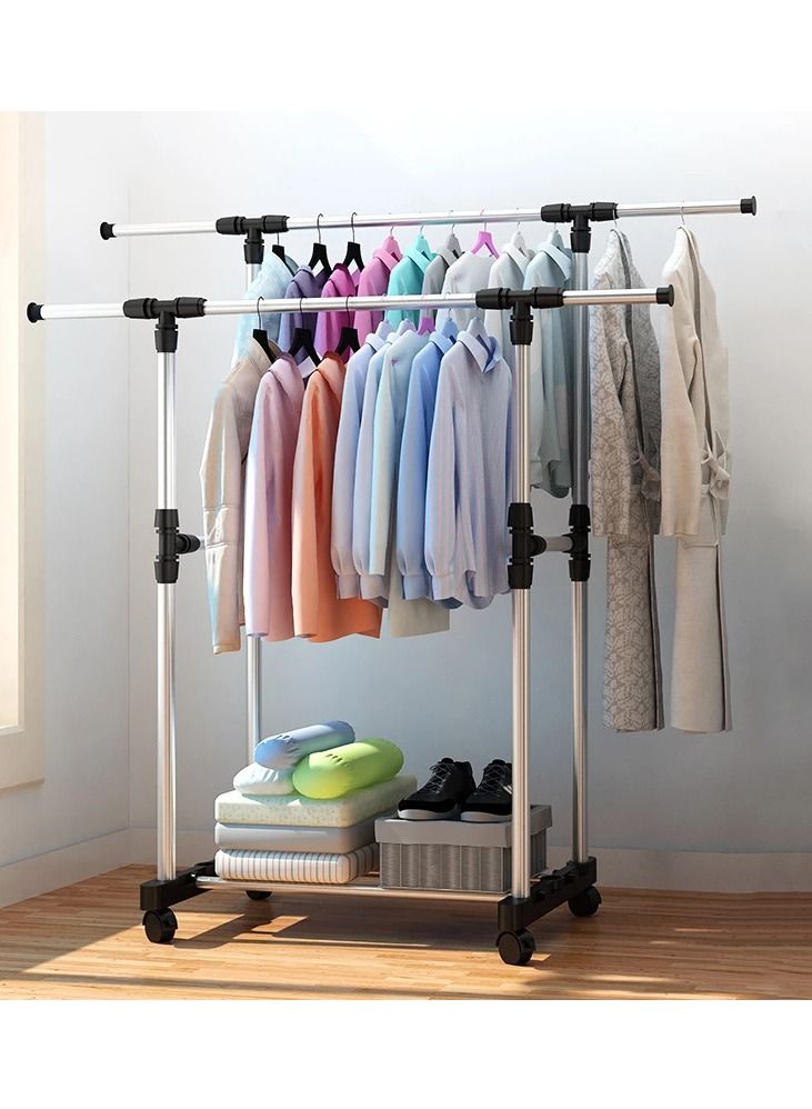 DOUBLE POLE Large Double Pole Clothes Hanger, Garment Drying Rack with Rolling wheels, Adjustable Bars Stainless Steel Poles, Silver - Image 1