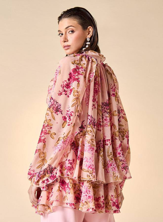 ايكونيك بلوزة بأكمام طويلة وطبعة زهور أيقونية وتفاصيل مكشكشة مع ربطة عنق - Image 3