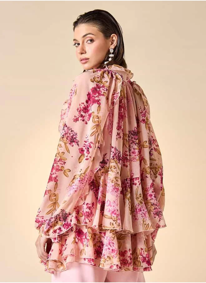 ايكونيك Iconic Floral Print Ruffle Detail Top with Tie-Up Neck and Long Sleeves