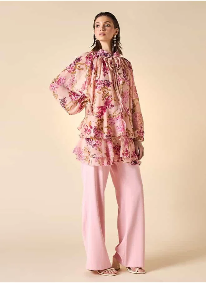 Iconic Iconic Floral Print Ruffle Detail Top with Tie-Up Neck and Long Sleeves