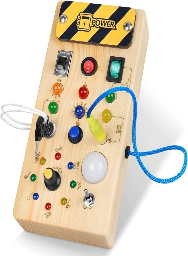 Montessori Toddler Busy Board, Baby Wooden Busy Board with 8 LED Light switches, Sensory Toys Light Switch Toys Travel Toys for 1+ Year Old Baby and Toddler - Image 1