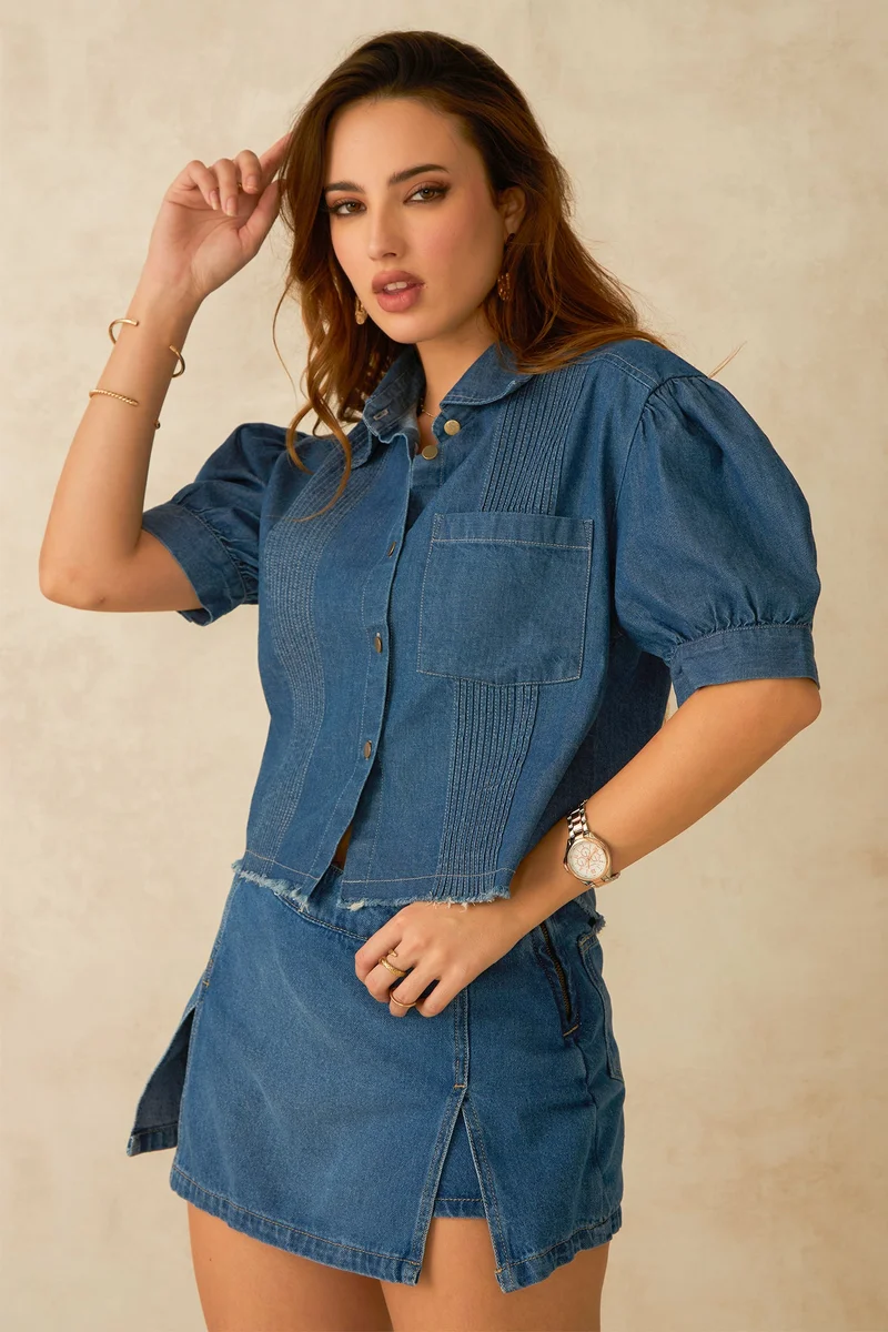 Virgio Cotton Denim Dinnerwear Pintuck Detail Crop Shirts for Women